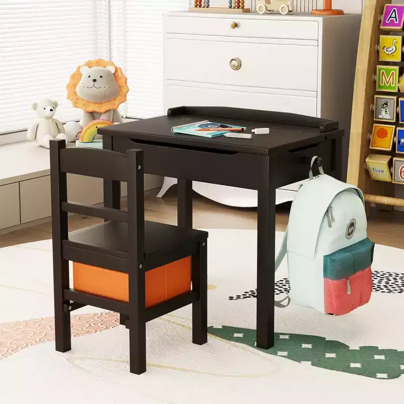 Costway Ensemble Table et Chaises pour Enfants Bureau d'Activité en Bois avec Tiroir de Rangement Crochet Marron