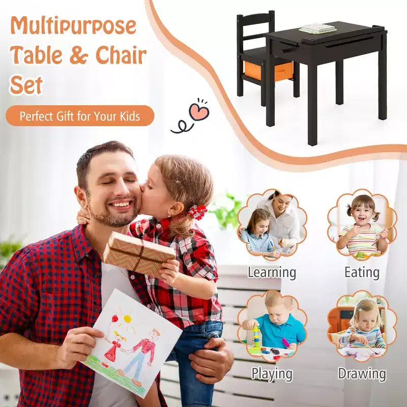 Costway Ensemble Table et Chaises pour Enfants Bureau d'Activité en Bois avec Tiroir de Rangement Crochet Marron