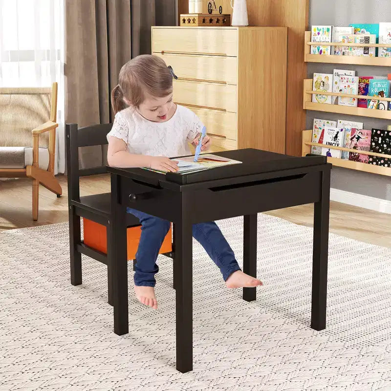 Costway Ensemble Table et Chaises pour Enfants Bureau d'Activité en Bois avec Tiroir de Rangement Crochet Marron