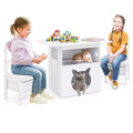 Costway 3 PCS Kids Table and Chairs Set Furniture w/Cat House Hole & Window 2 Chairs