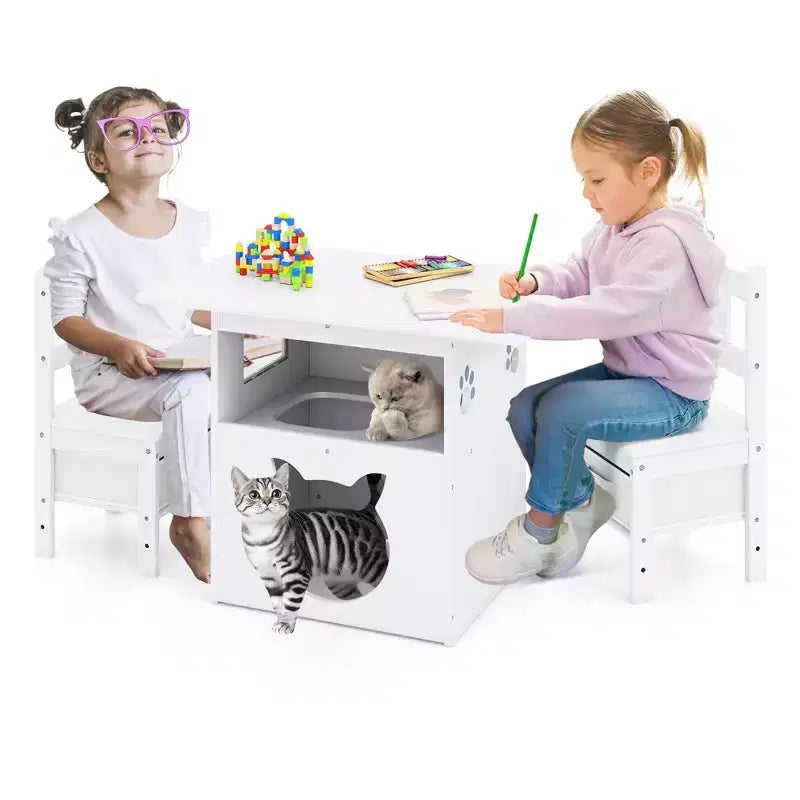 Costway Ensemble table et 2 chaises pour enfants 3 pièces Meuble avec trou de cabane pour chat et fenêtre