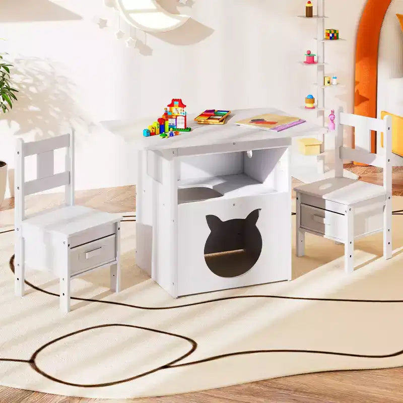 Costway Ensemble table et 2 chaises pour enfants 3 pièces Meuble avec trou de cabane pour chat et fenêtre