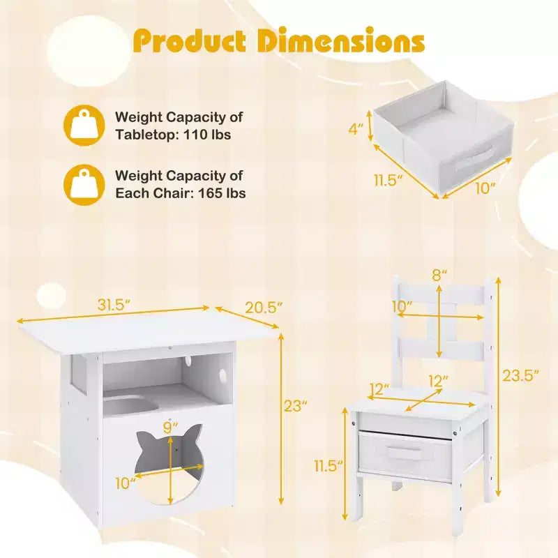 Costway Ensemble table et 2 chaises pour enfants 3 pièces Meuble avec trou de cabane pour chat et fenêtre