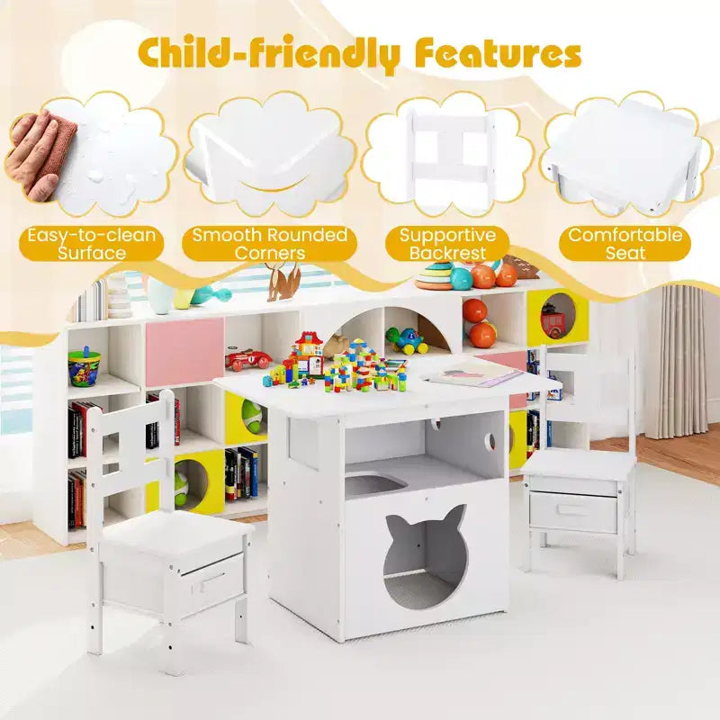 Costway Ensemble table et 2 chaises pour enfants 3 pièces Meuble avec trou de cabane pour chat et fenêtre