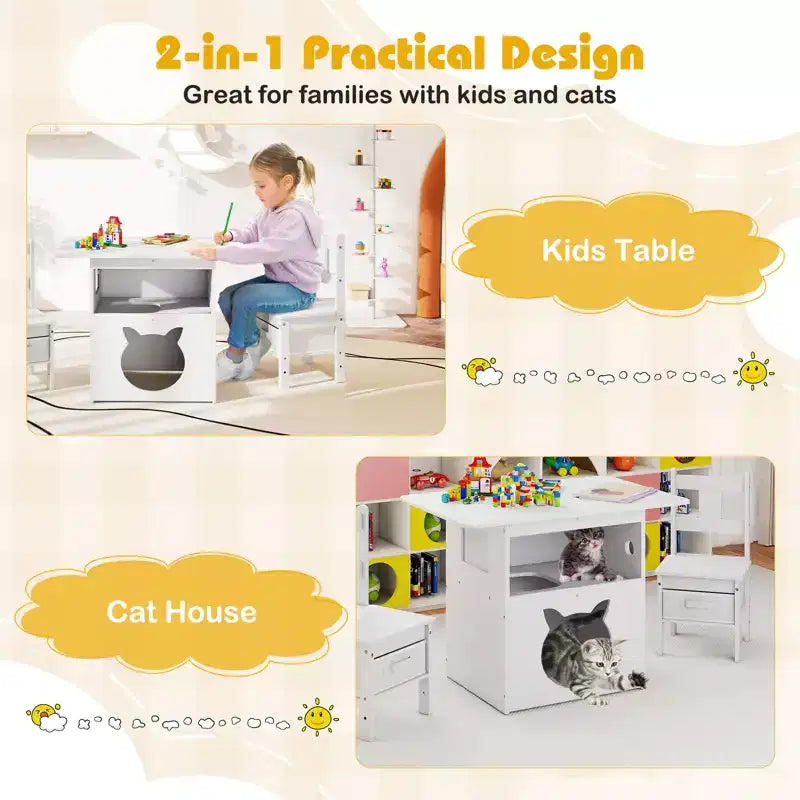 Costway Ensemble table et 2 chaises pour enfants 3 pièces Meuble avec trou de cabane pour chat et fenêtre