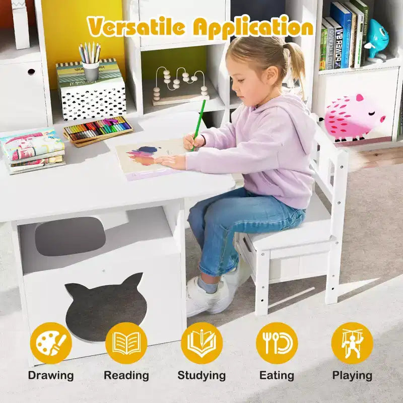 Costway Ensemble table et 2 chaises pour enfants 3 pièces Meuble avec trou de cabane pour chat et fenêtre