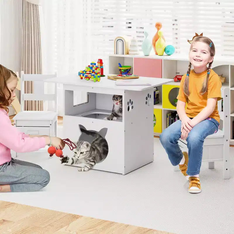 Costway Ensemble table et 2 chaises pour enfants 3 pièces Meuble avec trou de cabane pour chat et fenêtre