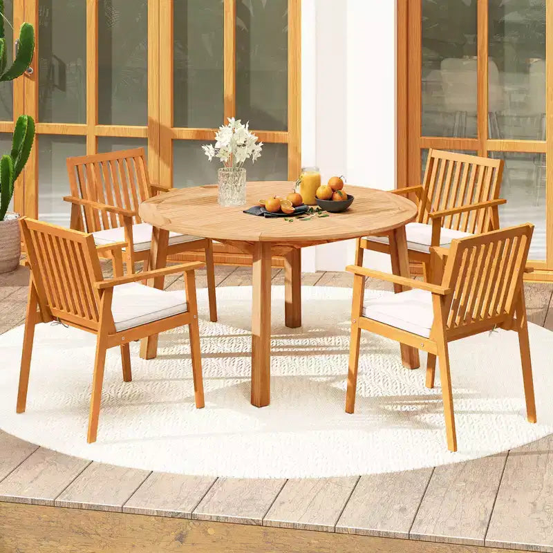 Costway 5 PCS Acacia Wood Patio Dining Set with Umbrella Hole & Cushions for Deck, Garden