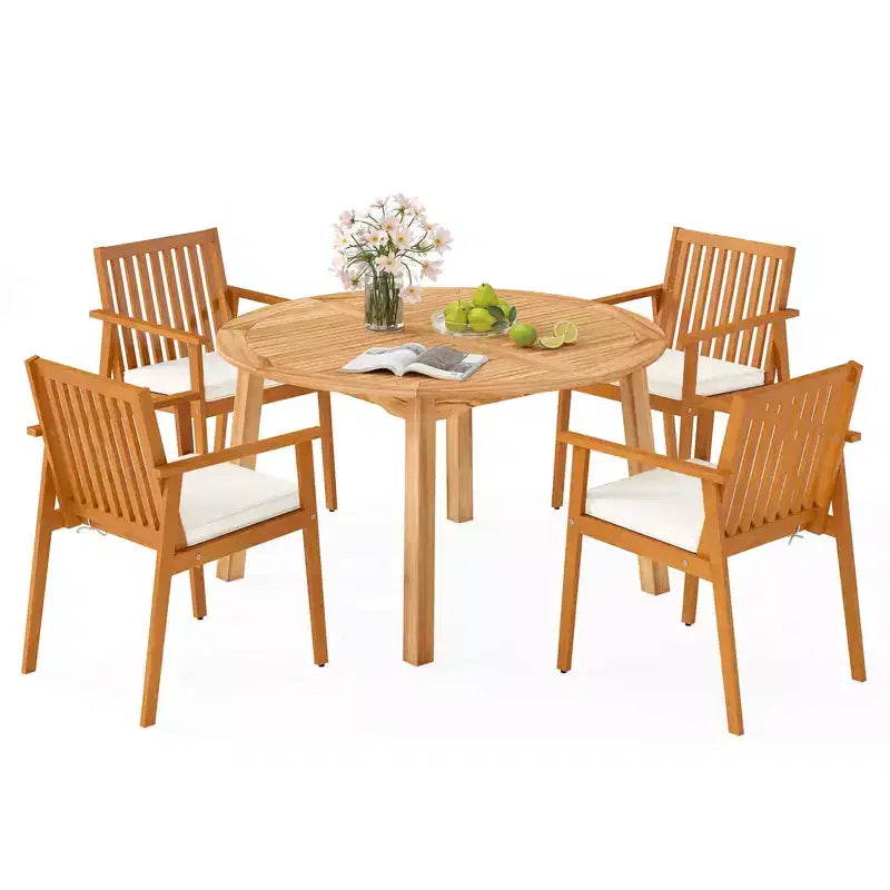 Ensemble de salle à manger Costway 5 pièces en bois d'acacia avec trou pour parasol et coussins pour terrasse et jardin