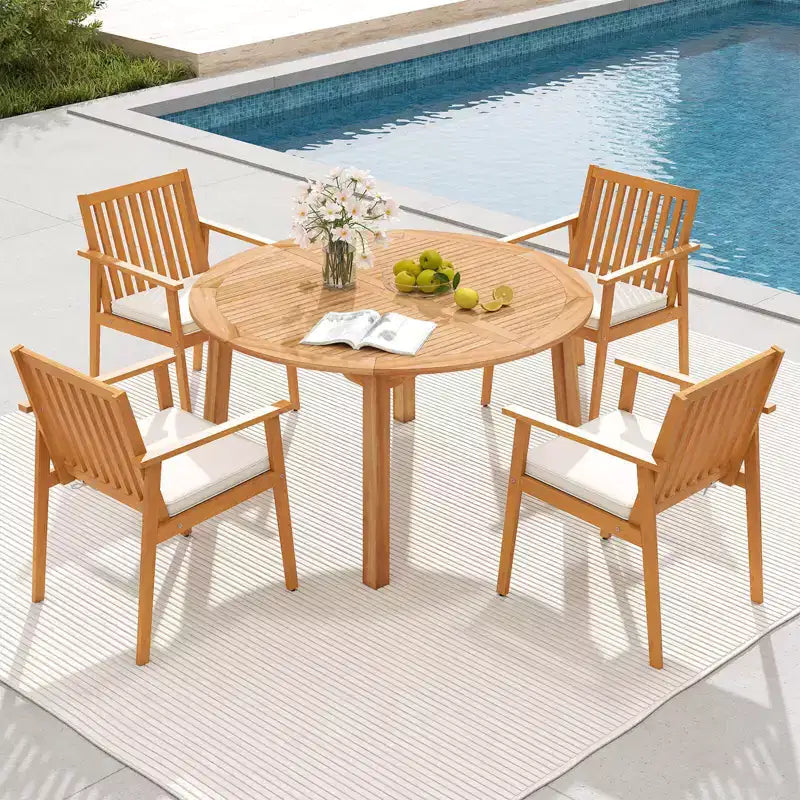 Ensemble de salle à manger Costway 5 pièces en bois d'acacia avec trou pour parasol et coussins pour terrasse et jardin