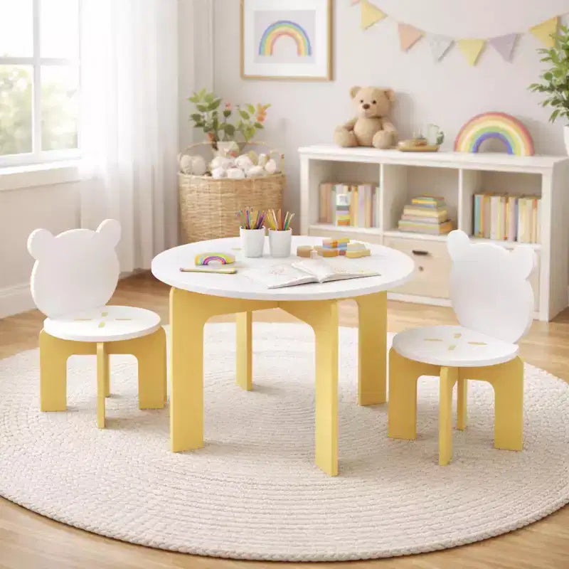 Kids Table and Chair Set, 3-Piece Toddler Table with 2 Chairs, Cute Bear-Back Chairs, Sturdy Wooden Activity Table Set for Kids, Playroom, Bedroom