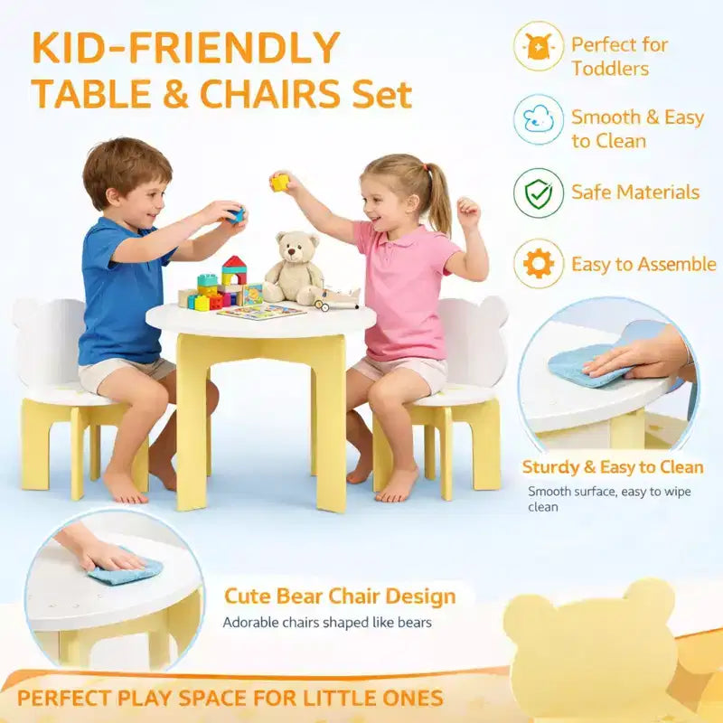 Ensemble table et chaises pour enfants, table pour tout-petits 3 pièces avec 2 chaises, chaises mignonnes avec dossier en forme d'ours, ensemble table d'activités en bois robuste pour enfants, salle de jeux, chambre à coucher