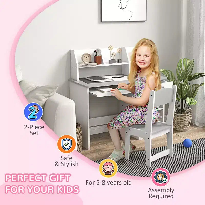 Bureau et chaise pour enfants Qaba avec rangement, bureau d'étude avec chaise pour enfants de 5 à 8 ans, gris