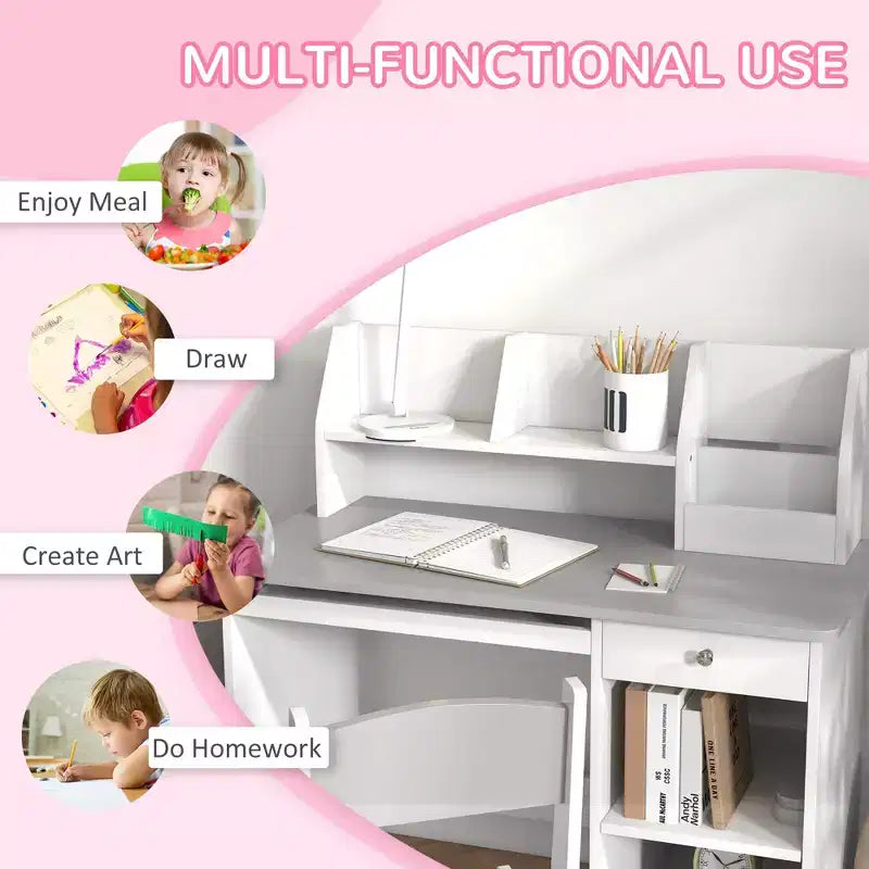 Bureau et chaise pour enfants Qaba avec rangement, bureau d'étude avec chaise pour enfants de 5 à 8 ans, gris