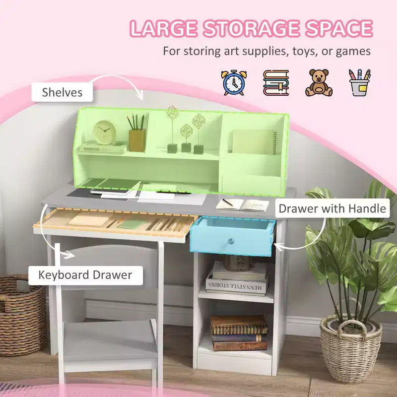 Bureau et chaise pour enfants Qaba avec rangement, bureau d'étude avec chaise pour enfants de 5 à 8 ans, gris