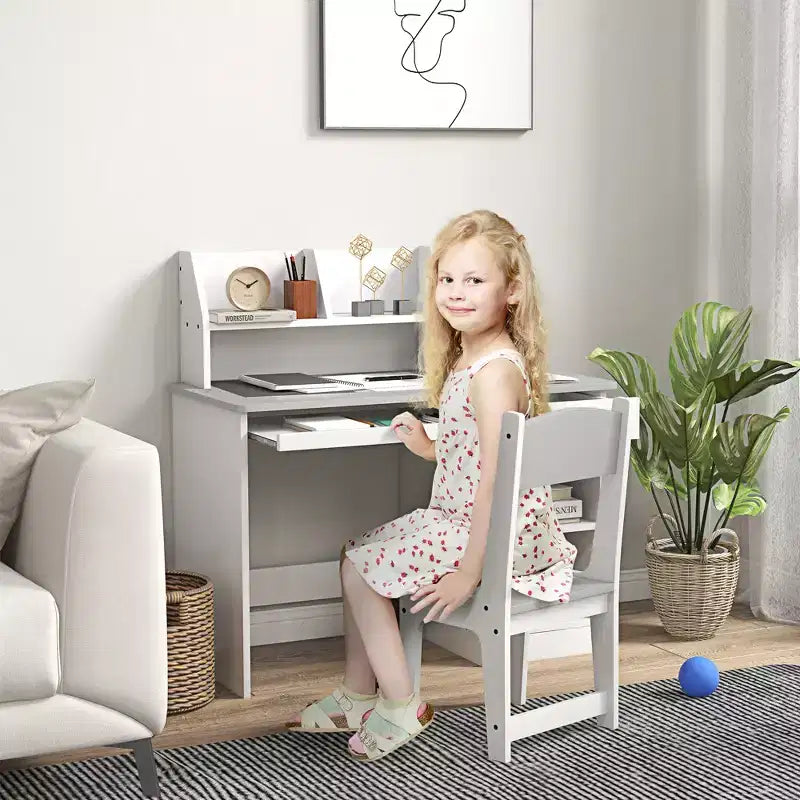 Bureau et chaise pour enfants Qaba avec rangement, bureau d'étude avec chaise pour enfants de 5 à 8 ans, gris