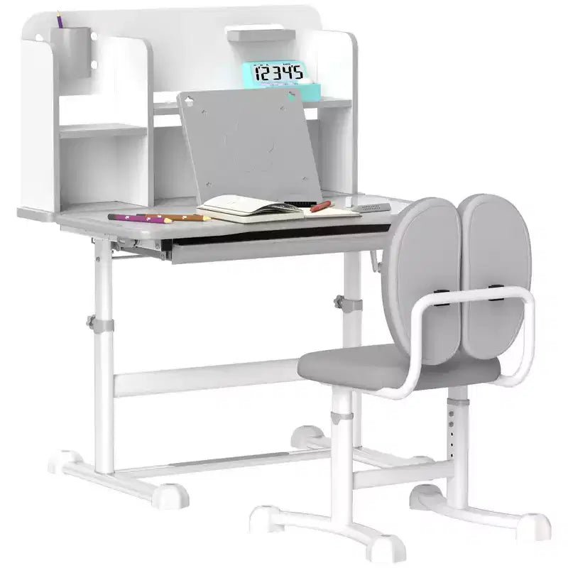 Qaba Kids Desk and Chair Set, Height Adjustable Kids School Study Desk and Chair Set with Tilt Desktop, Storage Drawer and Reading Rack, Gray