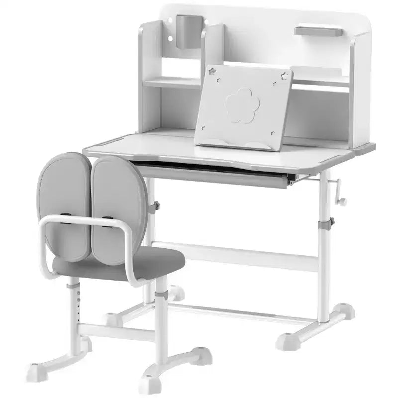 Bureau et chaise pour enfants Qaba, ensemble bureau et chaise d'étude pour enfants réglable en hauteur avec plateau inclinable, tiroir de rangement et porte-livre, gris