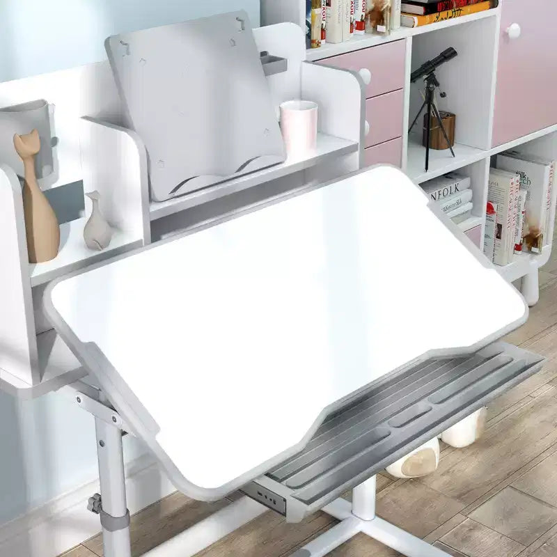 Bureau et chaise pour enfants Qaba, ensemble bureau et chaise d'étude pour enfants réglable en hauteur avec plateau inclinable, tiroir de rangement et porte-livre, gris