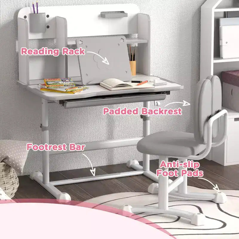 Bureau et chaise pour enfants Qaba, ensemble bureau et chaise d'étude pour enfants réglable en hauteur avec plateau inclinable, tiroir de rangement et porte-livre, gris