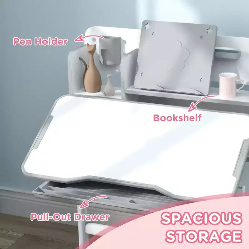 Bureau et chaise pour enfants Qaba, ensemble bureau et chaise d'étude pour enfants réglable en hauteur avec plateau inclinable, tiroir de rangement et porte-livre, gris