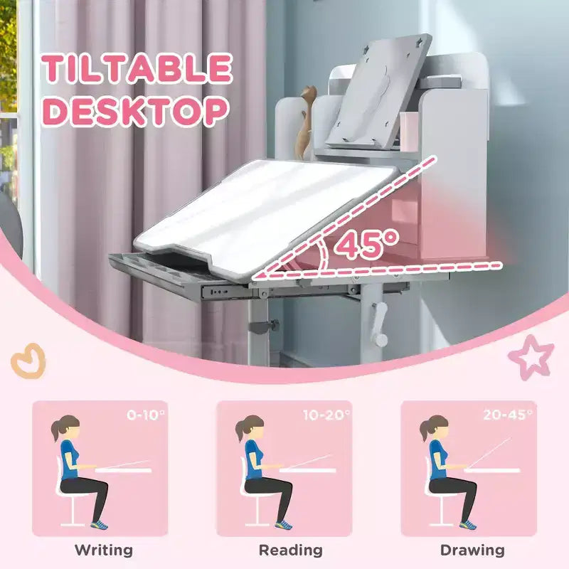 Bureau et chaise pour enfants Qaba, ensemble bureau et chaise d'étude pour enfants réglable en hauteur avec plateau inclinable, tiroir de rangement et porte-livre, gris