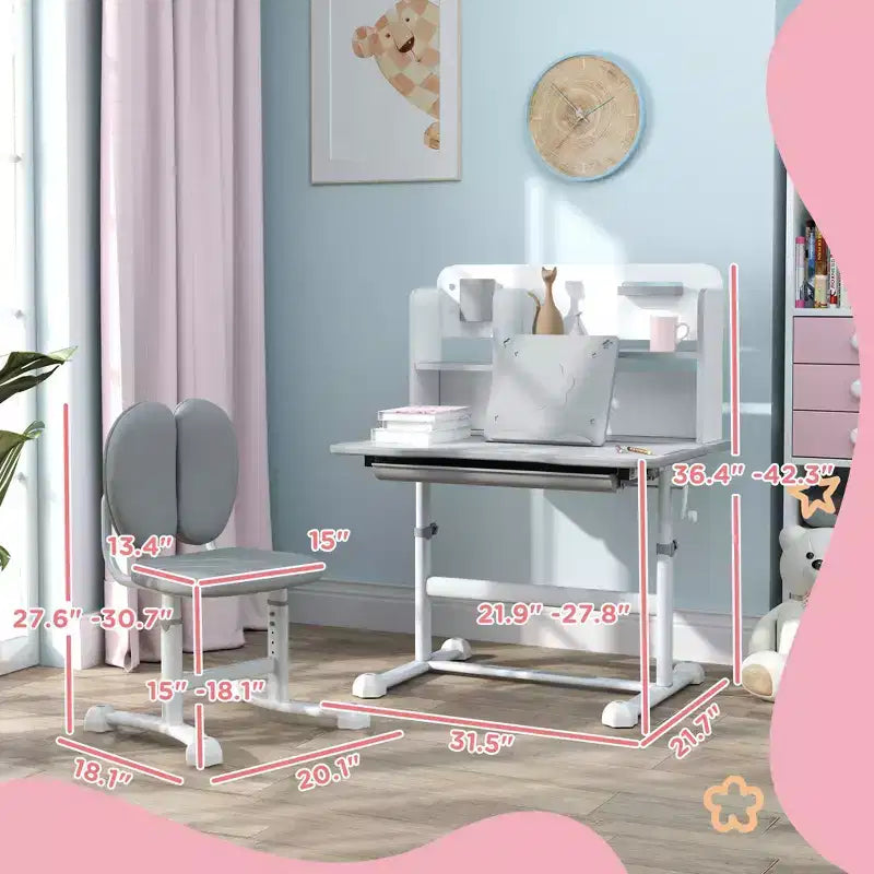 Bureau et chaise pour enfants Qaba, ensemble bureau et chaise d'étude pour enfants réglable en hauteur avec plateau inclinable, tiroir de rangement et porte-livre, gris