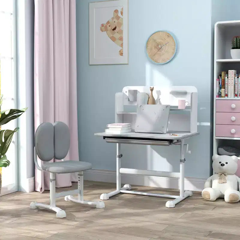 Bureau et chaise pour enfants Qaba, ensemble bureau et chaise d'étude pour enfants réglable en hauteur avec plateau inclinable, tiroir de rangement et porte-livre, gris