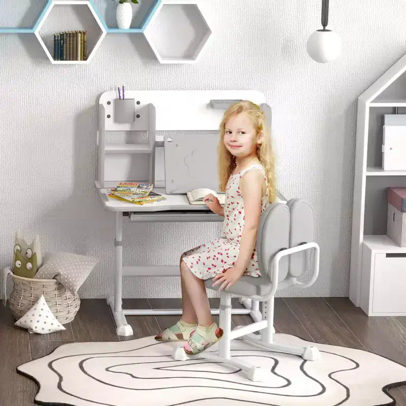 Bureau et chaise pour enfants Qaba, ensemble bureau et chaise d'étude pour enfants réglable en hauteur avec plateau inclinable, tiroir de rangement et porte-livre, gris