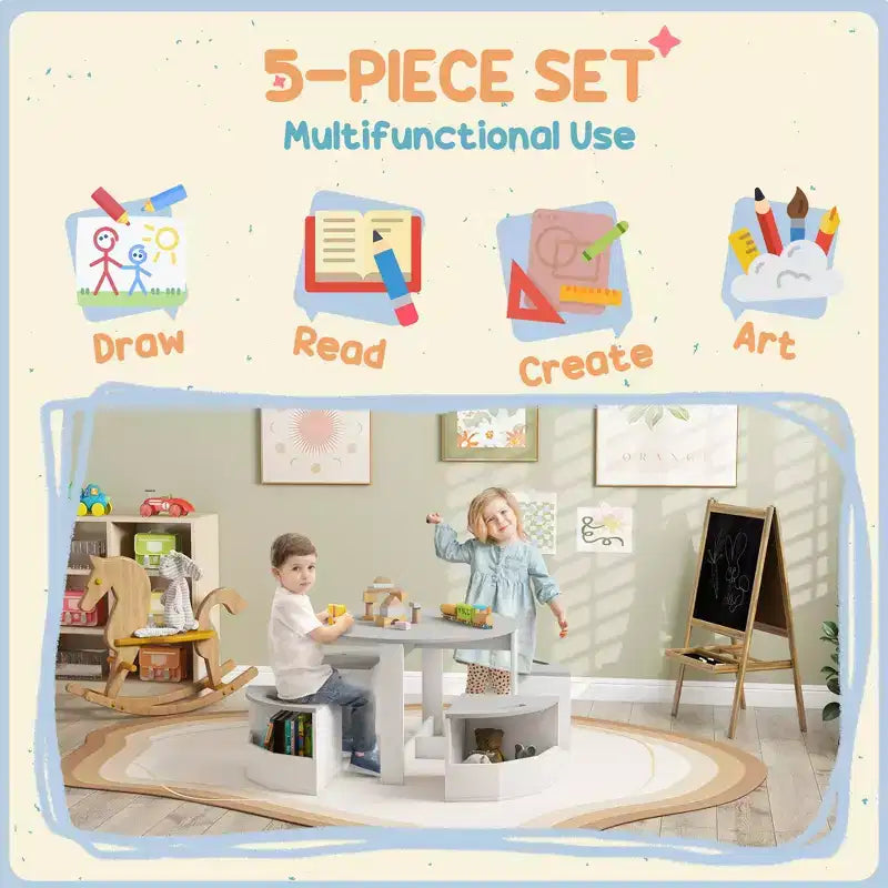 Ensemble table et chaises pour enfants Qaba, ensemble table et chaises pour tout-petits 5 pièces avec rangement pour l'art, l'artisanat, le dessin, la salle de jeux, la salle de classe, la crèche, gris