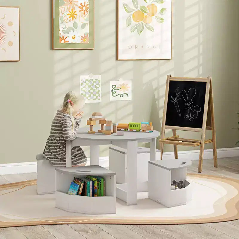 Ensemble table et chaises pour enfants Qaba, ensemble table et chaises pour tout-petits 5 pièces avec rangement pour l'art, l'artisanat, le dessin, la salle de jeux, la salle de classe, la crèche, gris