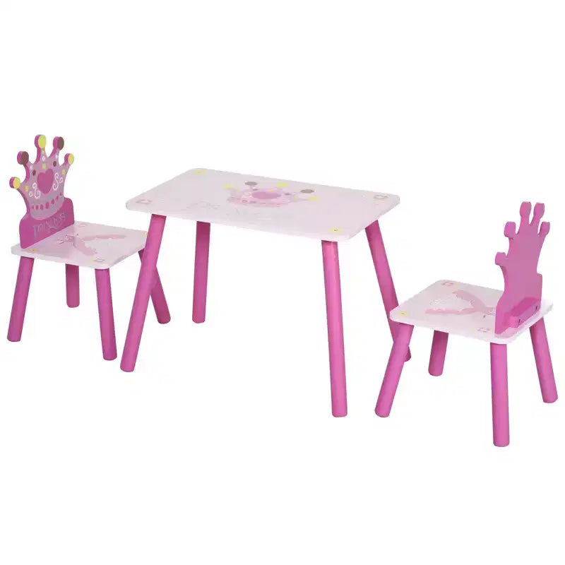 Qaba 3-Piece Kids Wooden Table and Chair Set with Crown Pattern Toddlers Arts Reading Writing Age 2-4 Years Pink