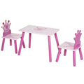 Qaba 3-Piece Kids Wooden Table and Chair Set with Crown Pattern Toddlers Arts Reading Writing Age 2-4 Years Pink