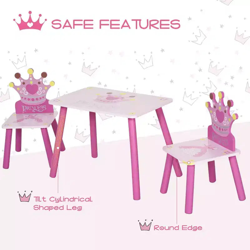 Qaba Ensemble table et 2 chaises en bois pour enfants avec motif couronne, pour les tout-petits de 2 à 4 ans, rose