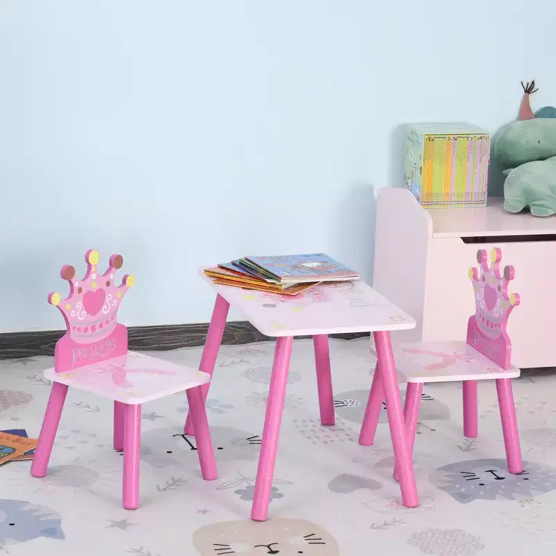 Qaba Ensemble table et 2 chaises en bois pour enfants avec motif couronne, pour les tout-petits de 2 à 4 ans, rose