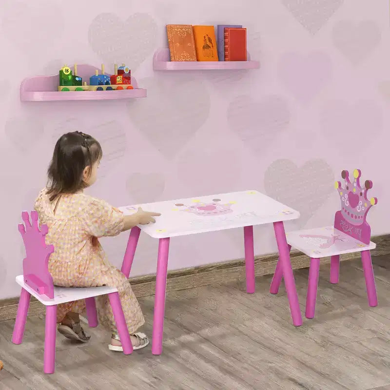 Qaba Ensemble table et 2 chaises en bois pour enfants avec motif couronne, pour les tout-petits de 2 à 4 ans, rose