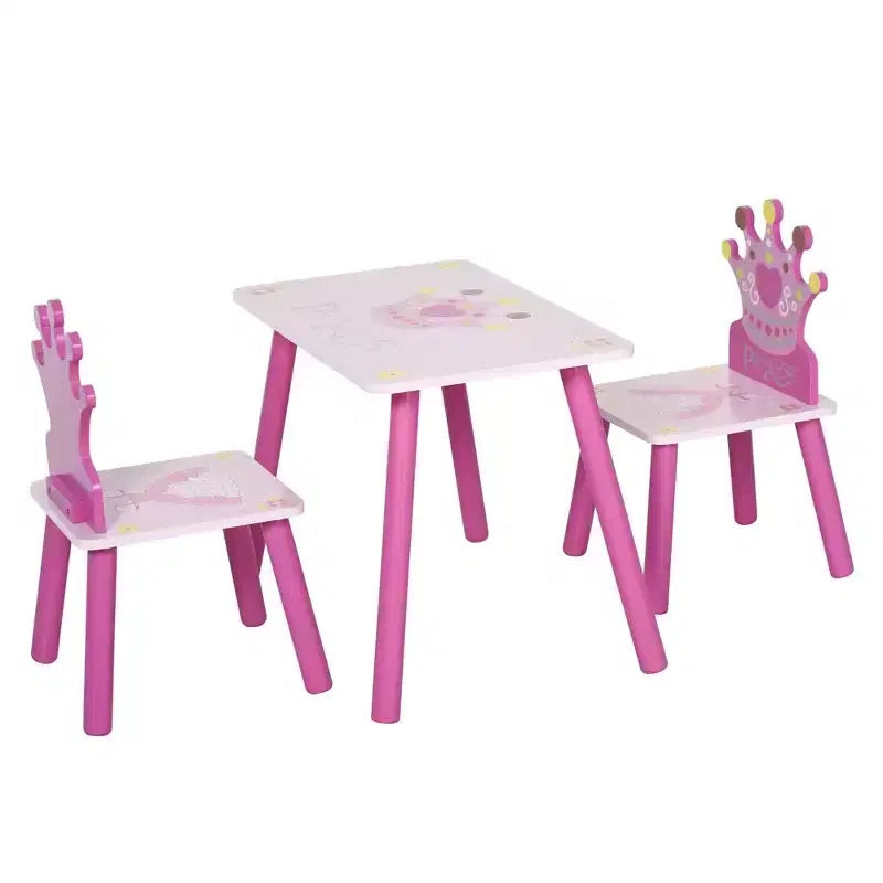 Qaba Ensemble table et 2 chaises en bois pour enfants avec motif couronne, pour les tout-petits de 2 à 4 ans, rose