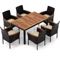 Gymax 7PCS Outdoor Patio Dining Set w/ Armrest Cushioned Chairs Acacia Wood Surface Umbrella Hole for Garden Backyard Poolside