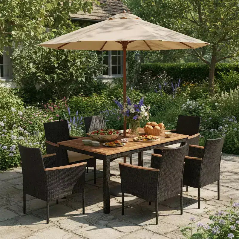 Ensemble de salle à manger d'extérieur Gymax 7 pièces avec chaises rembourrées à accoudoirs, surface en bois d'acacia et trou pour parasol, idéal pour le jardin, la cour arrière ou le bord de piscine.