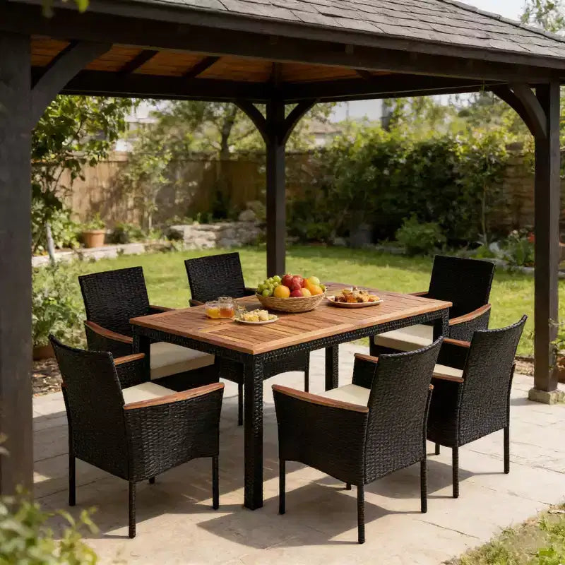 Ensemble de salle à manger d'extérieur Gymax 7 pièces avec chaises rembourrées à accoudoirs, surface en bois d'acacia et trou pour parasol, idéal pour le jardin, la cour arrière ou le bord de piscine.