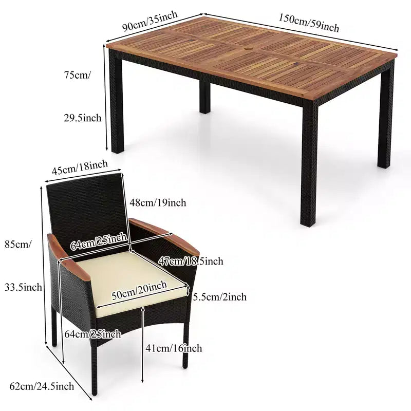Ensemble de salle à manger d'extérieur Gymax 7 pièces avec chaises rembourrées à accoudoirs, surface en bois d'acacia et trou pour parasol, idéal pour le jardin, la cour arrière ou le bord de piscine.