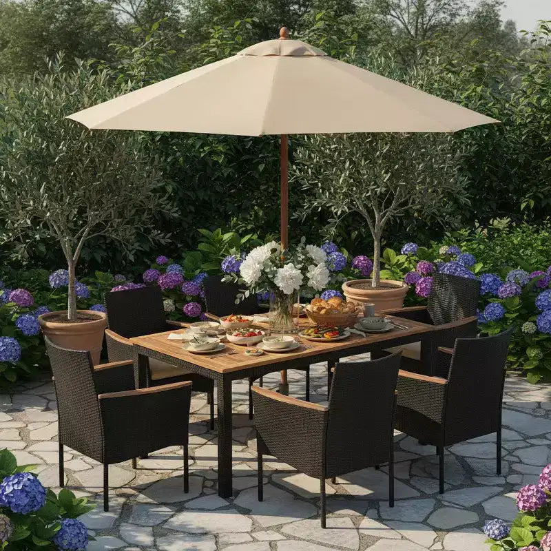 Ensemble de salle à manger d'extérieur Gymax 7 pièces avec chaises rembourrées à accoudoirs, surface en bois d'acacia et trou pour parasol, idéal pour le jardin, la cour arrière ou le bord de piscine.