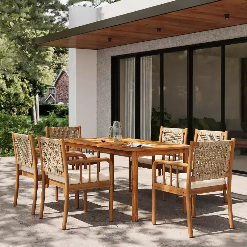 Christopher Knight Home Petronela Farmhouse Patio 7 Piece Acacia Wood Rattan Dining Set