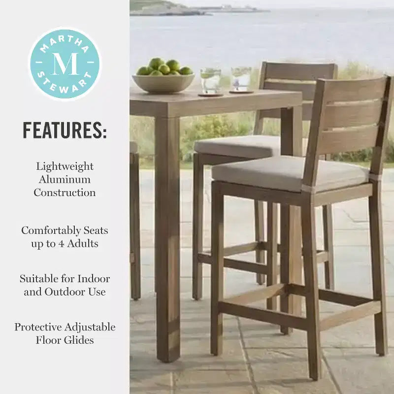 Ensemble de patio Martha Stewart Bedford en aluminium 3 pièces, 2 tabourets de bar avec coussins, table de patio carrée de 35,5 po