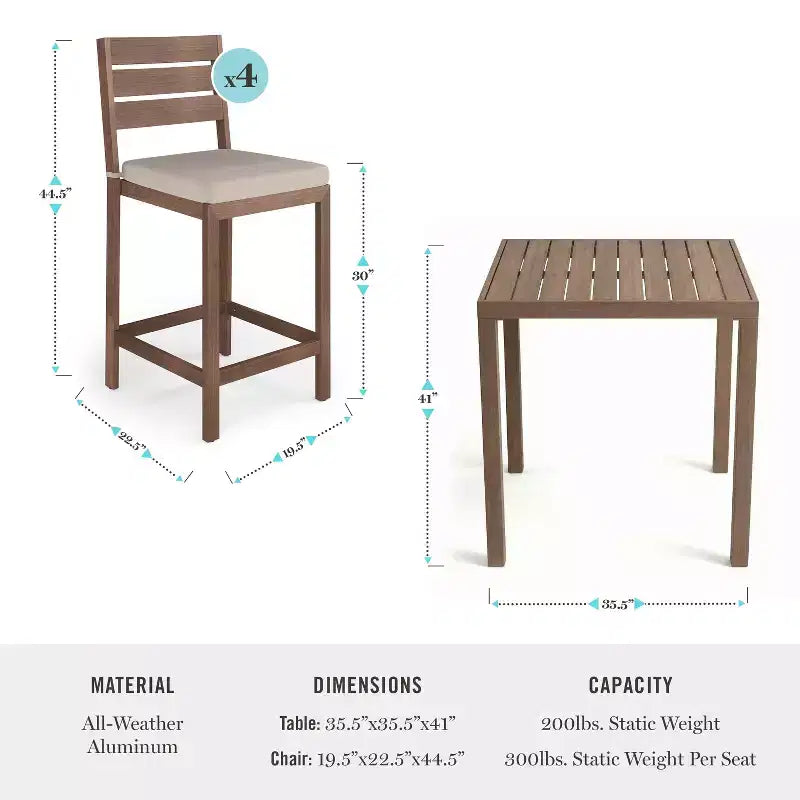 Ensemble de patio Martha Stewart Bedford en aluminium 3 pièces, 2 tabourets de bar avec coussins, table de patio carrée de 35,5 po