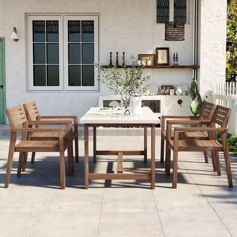 GDFStudio Lena 5 Piece Acacia Wood Outdoor Dining Set with 59 Rectangular Table and Umbrella Hole