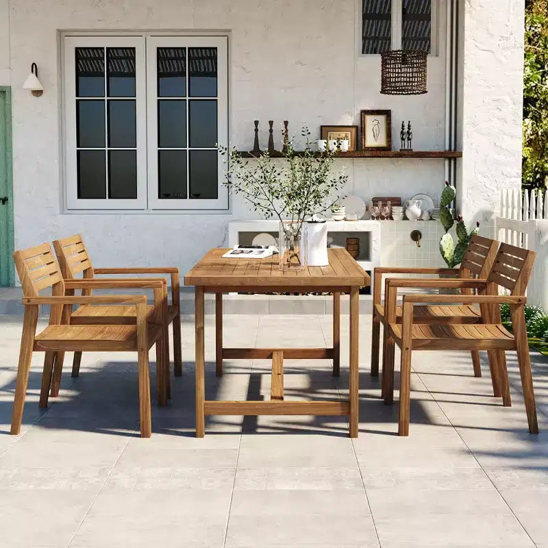 GDFStudio Lena Ensemble de salle à manger d'extérieur 5 pièces en bois d'acacia avec table rectangulaire de 150 cm et trou pour parasol