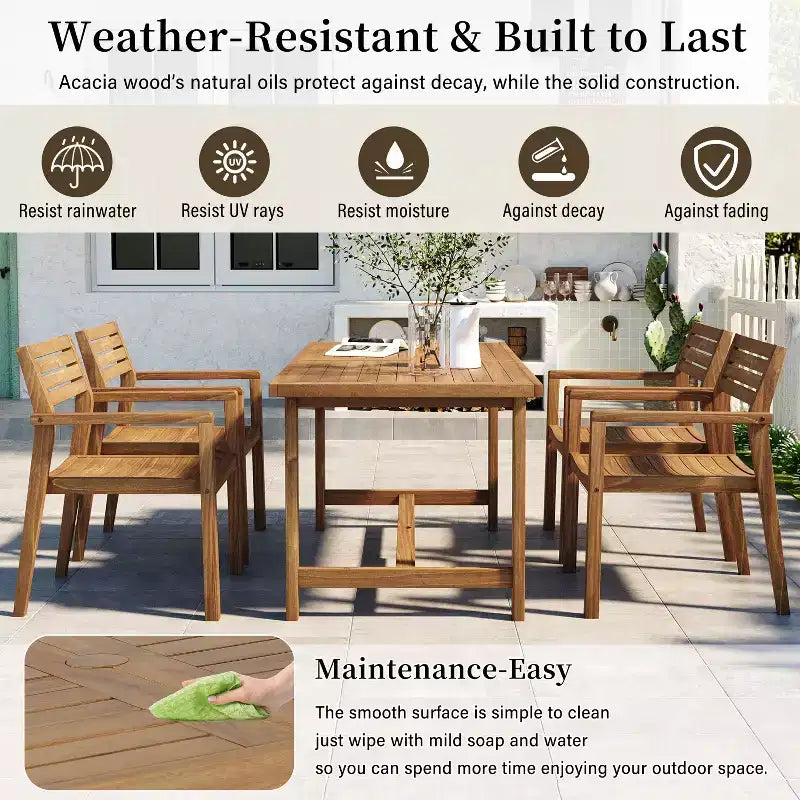 GDFStudio Lena Ensemble de salle à manger d'extérieur 5 pièces en bois d'acacia avec table rectangulaire de 150 cm et trou pour parasol