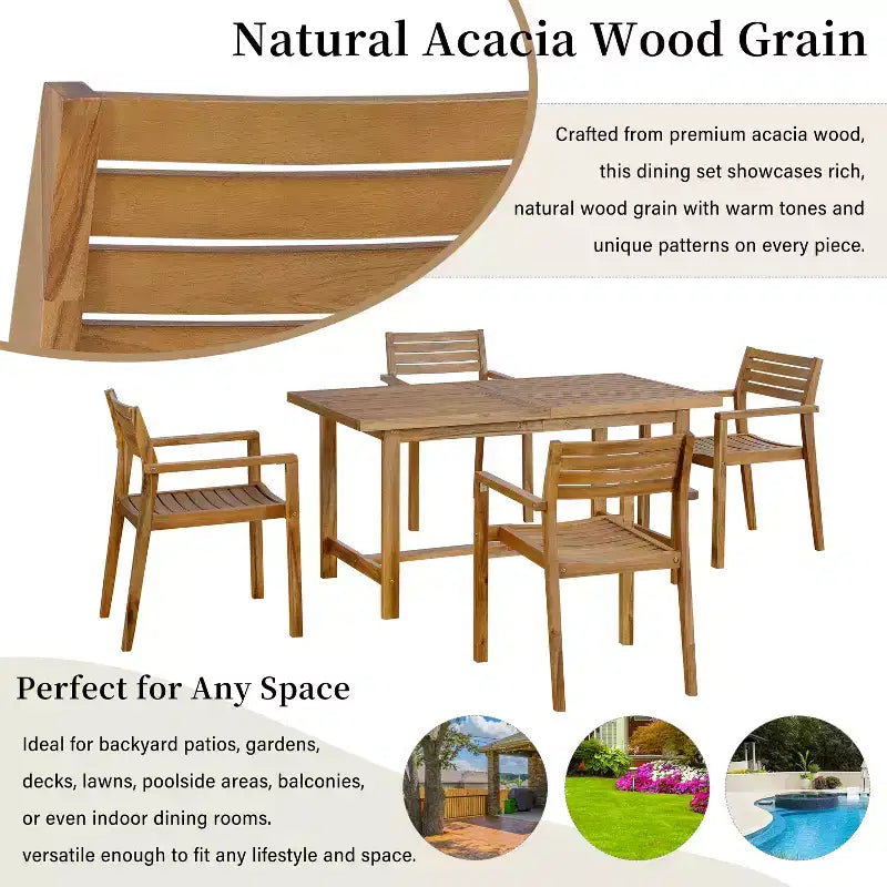 GDFStudio Lena Ensemble de salle à manger d'extérieur 5 pièces en bois d'acacia avec table rectangulaire de 150 cm et trou pour parasol