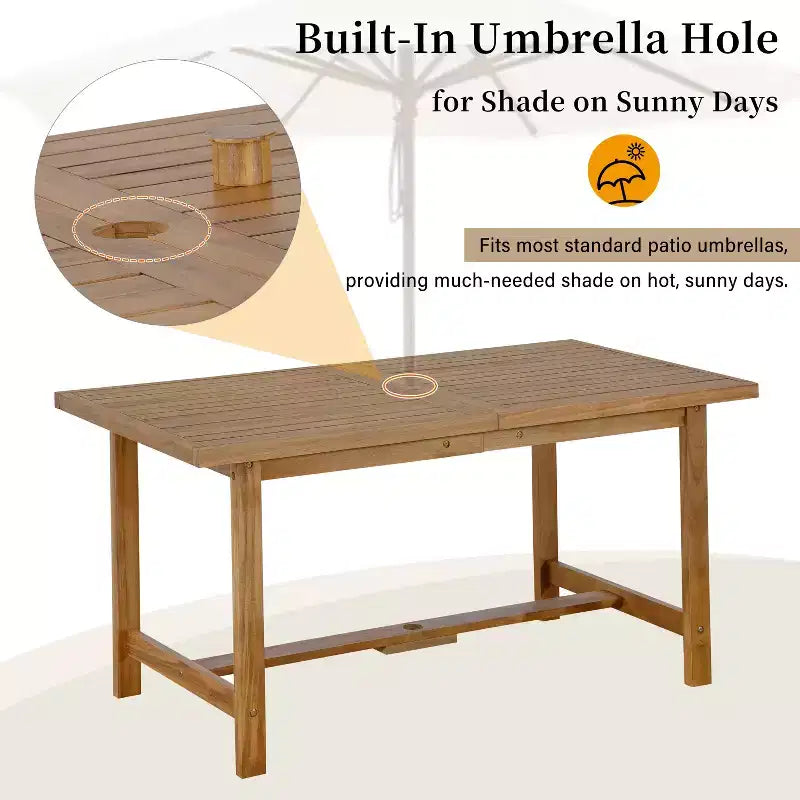GDFStudio Lena Ensemble de salle à manger d'extérieur 5 pièces en bois d'acacia avec table rectangulaire de 150 cm et trou pour parasol